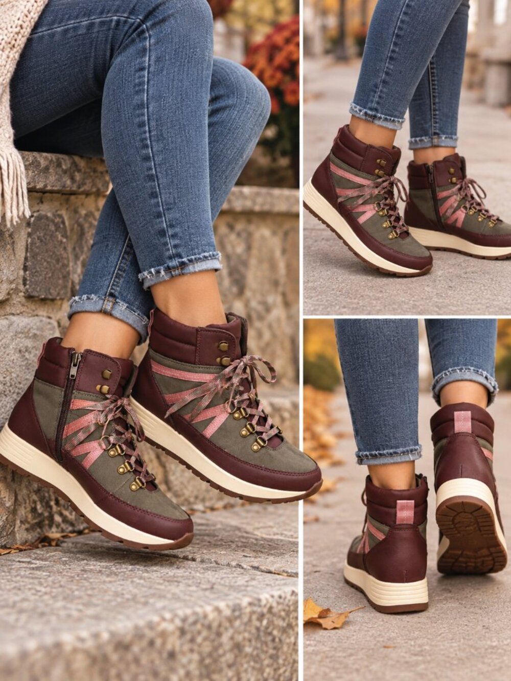 Alex Marie Thayla Hiker Boots 7.5 Olive Burgundy Pink Suede Leather Ankle Fall